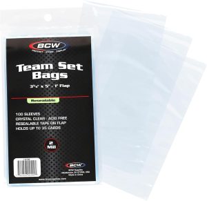 BCW Resealable Team Set Bags – 100 Count | Holds 35 Loose Cards or 5 Standard 35pt Toploaders | Fits Magnetics up to 108pt | Acid-Free Team Bags for Trading Cards & Shipping